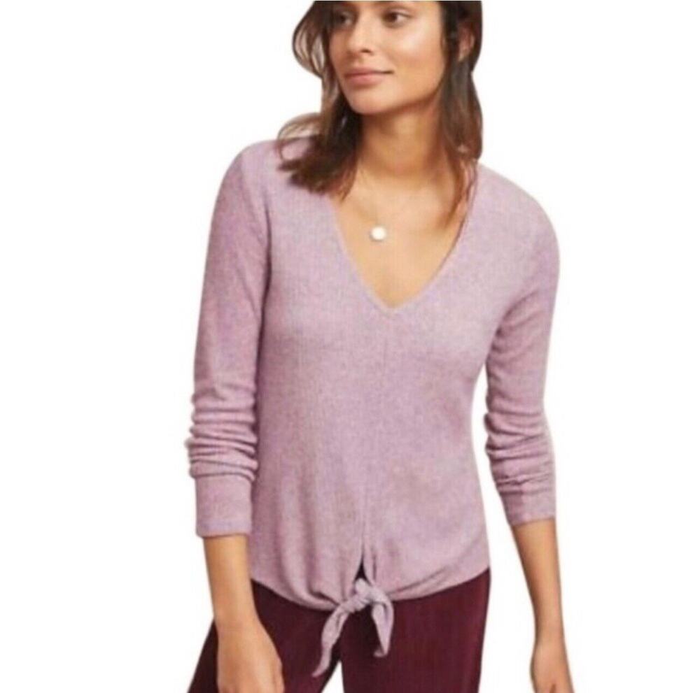 Anthropologie Saturday Sunday Purple Tie Front Sweater M Soft Ribbed Knit Cozy